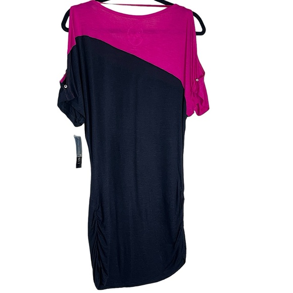Y2K INC Rhinestone Cold Shoulder Ruched Side Colorblock Mini Dress Pink Black MP - Picture 4 of 15